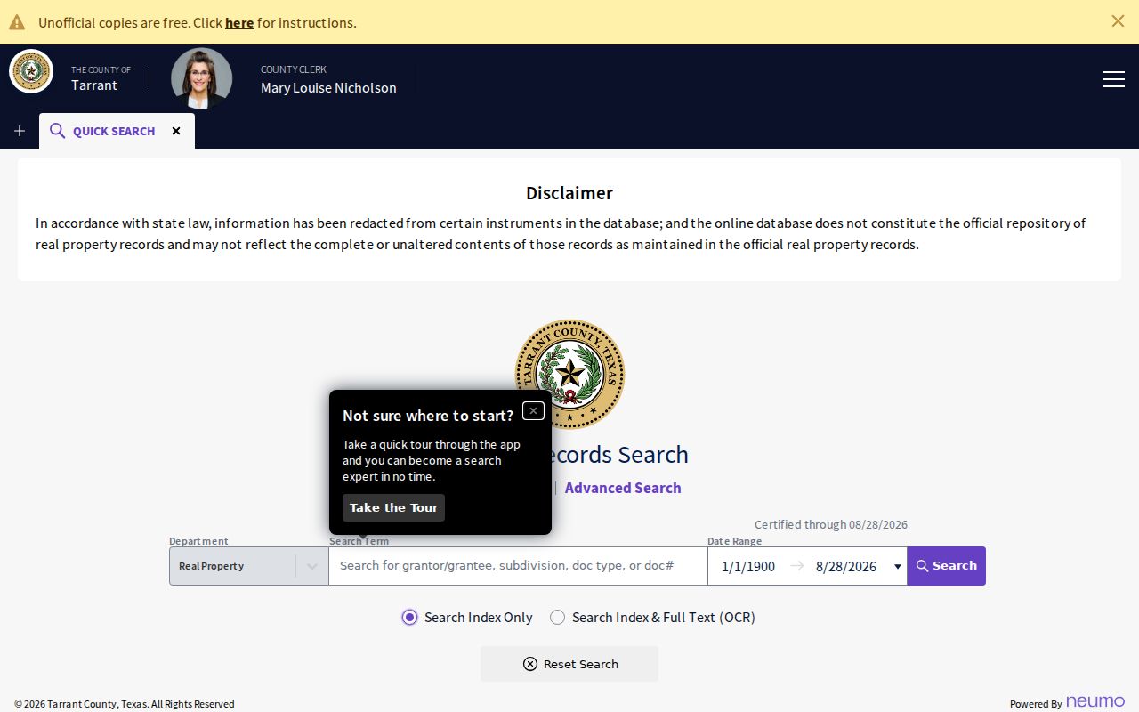 Southlake previous residents Tarrant Official Records search controls