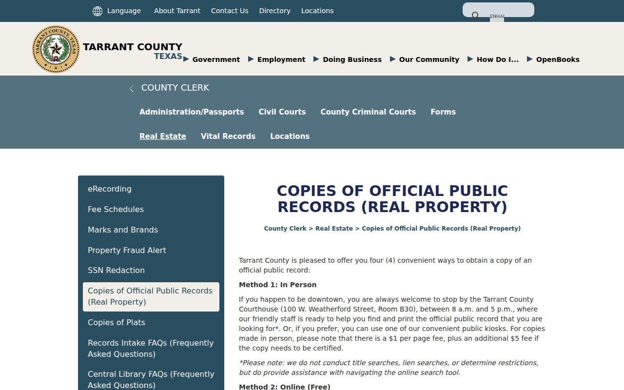 Southlake street directory Tarrant County deed copy request options